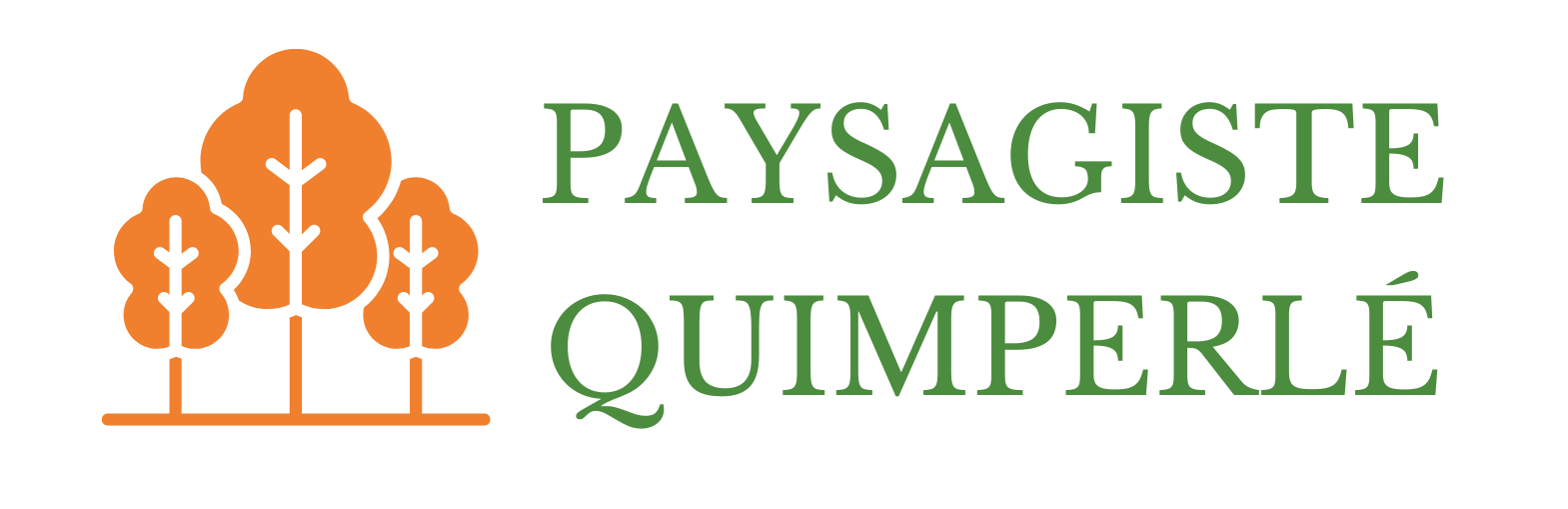 Logo de Paysagiste Quimperlé avec des arbres stylisés orange et texte vert.